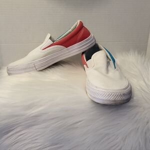 Converse White/Pink/Blue Slip-On Sneakers, Size 7.5